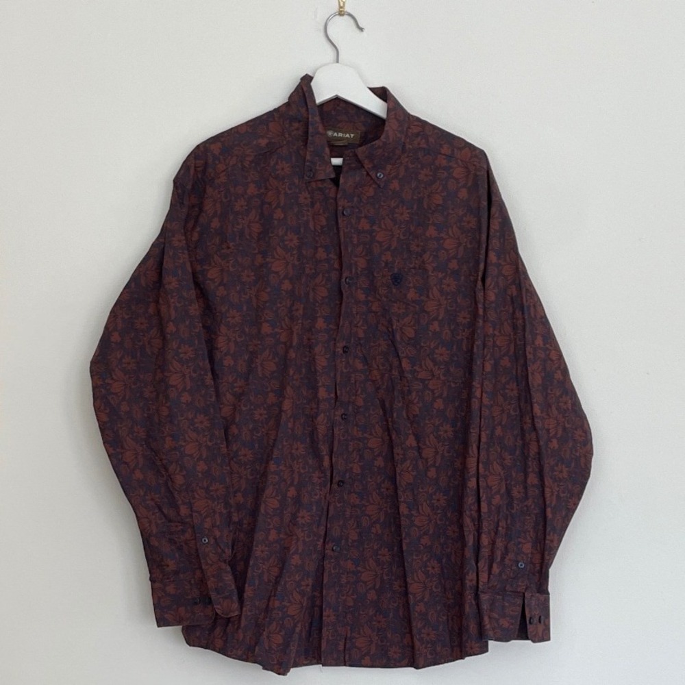 Ariat Mens XL Floral Button Down Shirt Long Sleeve Rust Navy Blue Western Pocket